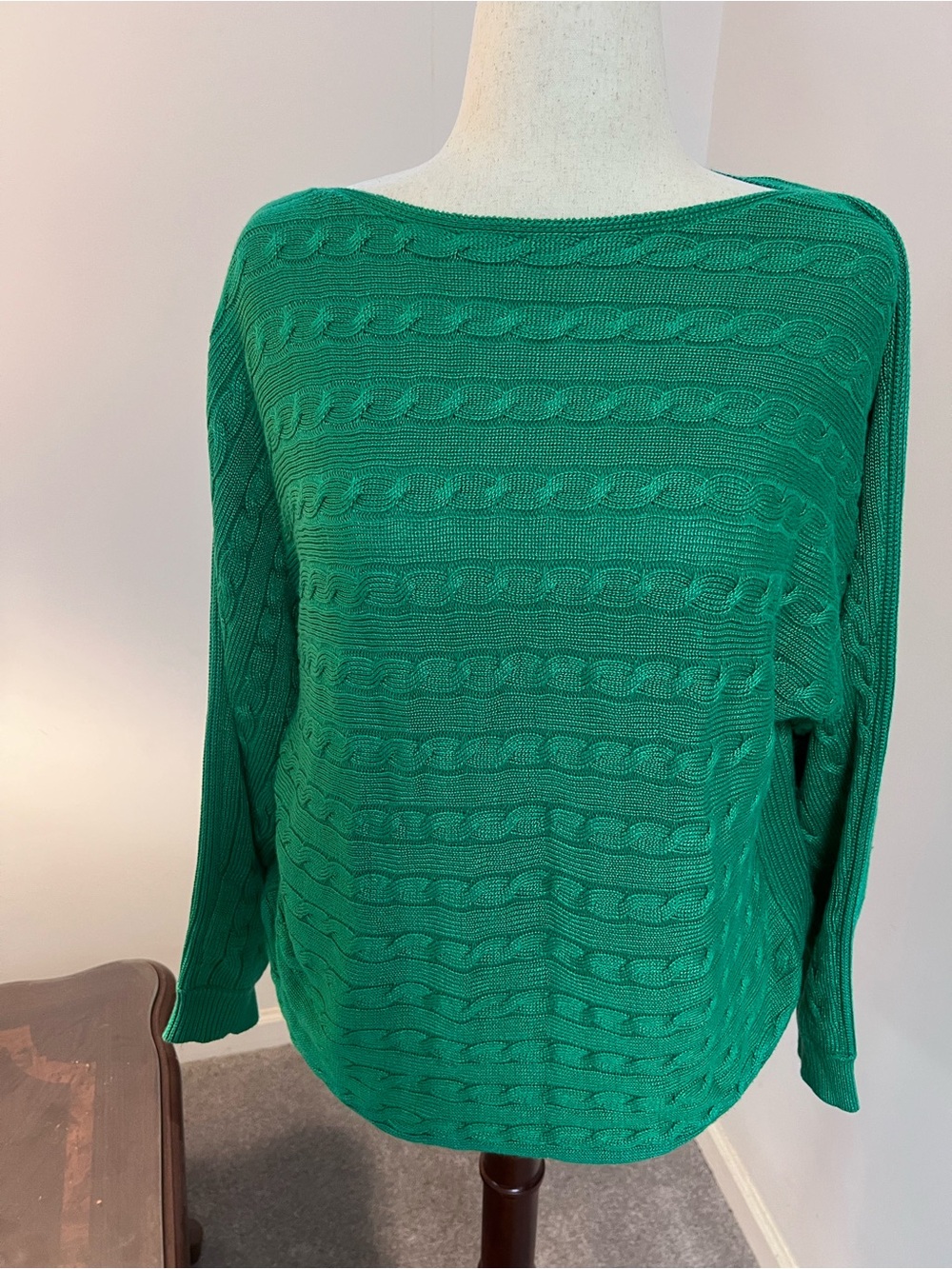 Lauren by Ralph Lauren Green Cable-Knit Boatneck Dolman Sleeve Sweater XL